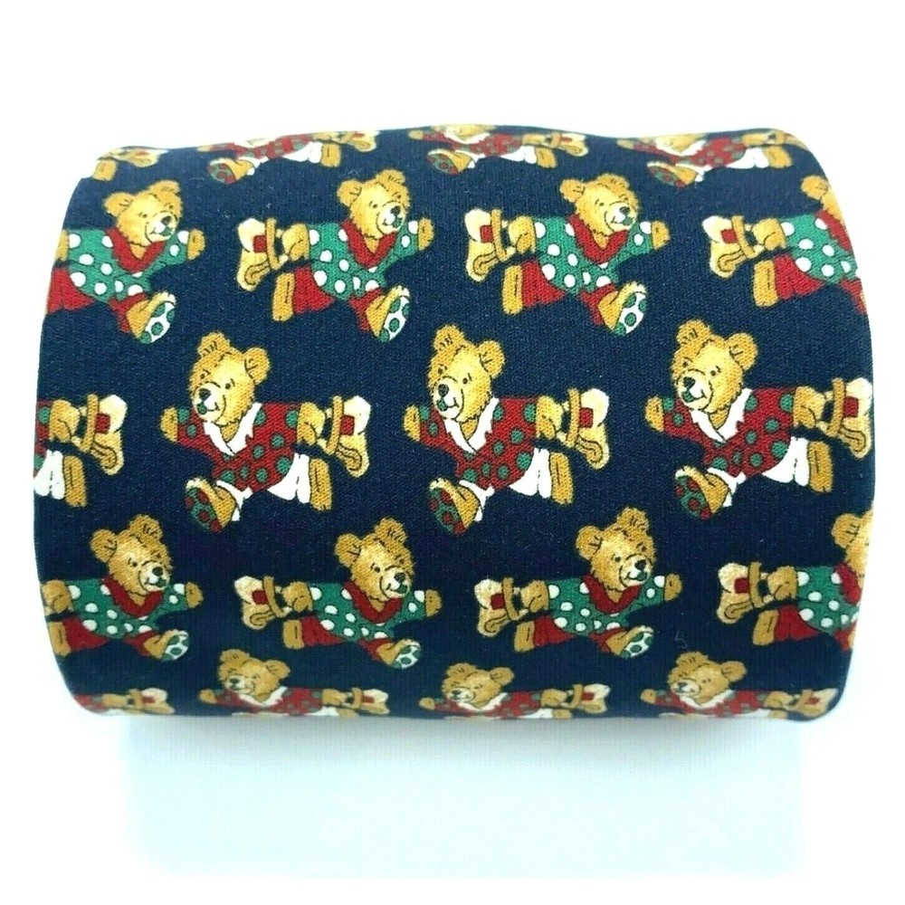 Como Seda Necktie Christmas Bear in Polka Dot Pj's Navy Blue Green Red White Tie - Picture 2 of 9